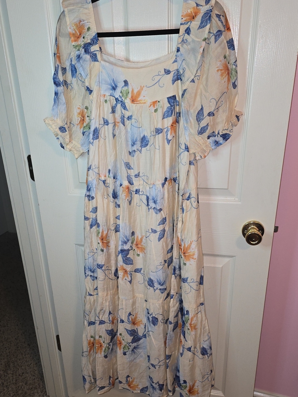Cream Floral Maxi Dress with Blue and Orange Blooms